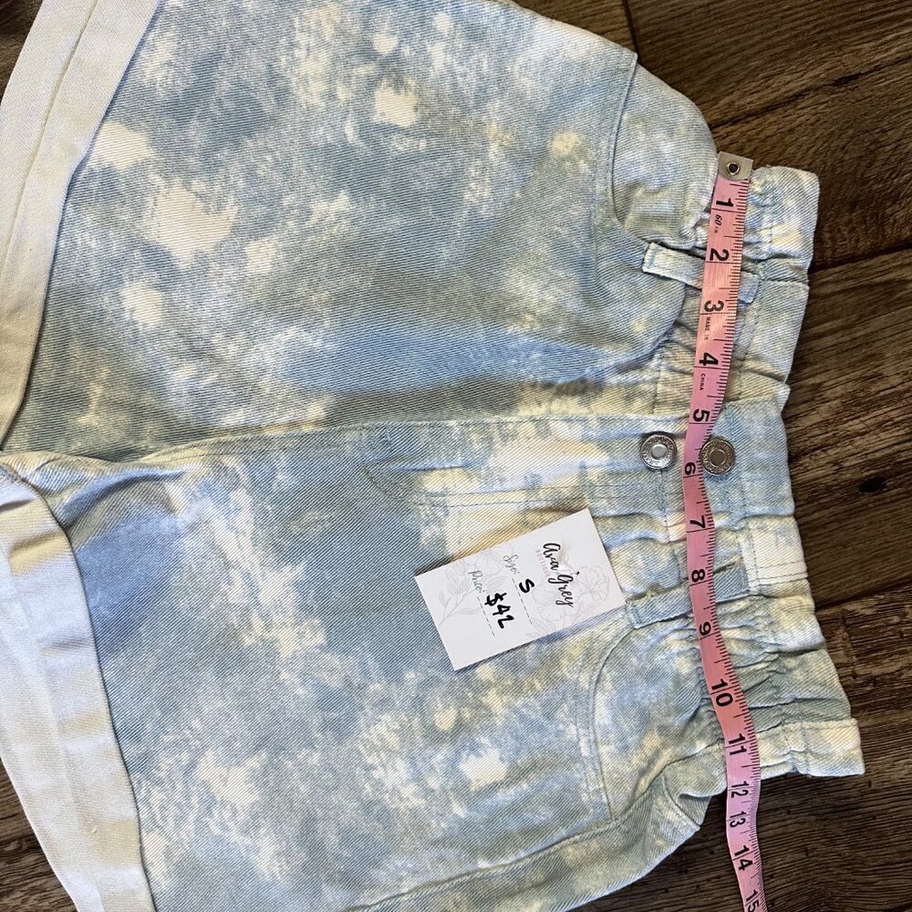 Blue White Tie Die Paperbag Denim Shorts - Picture 9 of 15